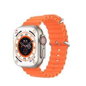 Montre connectée T8000 Ultra avec bracelet sport orange sur fond blanc