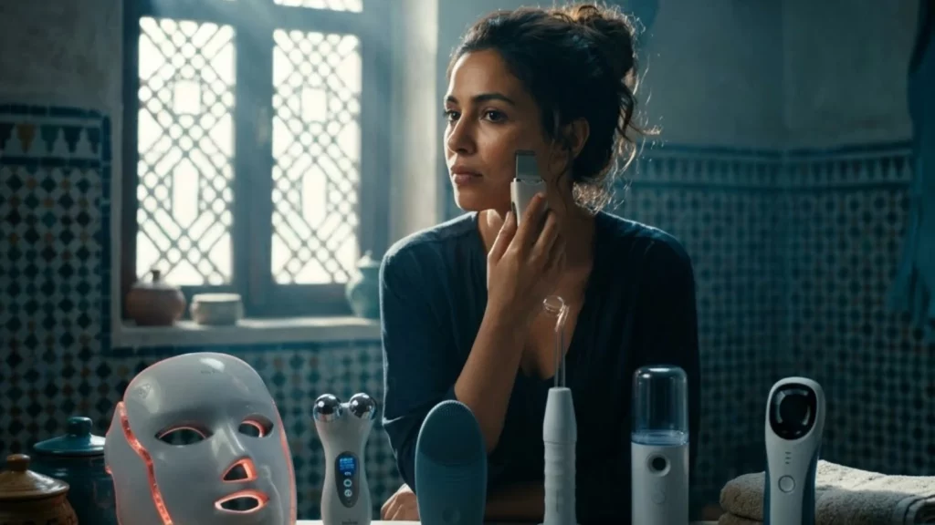 Une femme dans une salle de bain de style hammam tunisien traditionnel, avec des carreaux de faïence murale zellige bleus, effectue une routine de soins de la peau. Elle utilise un appareil de gommage à ultrasons portable sur sa joue. Sept différents appareils de beauté technologiques sont alignés sur le comptoir en marbre devant elle, dont un masque facial de luminothérapie LED, un rouleau facial, une brosse nettoyante et d'autres outils de soin pour la peau.