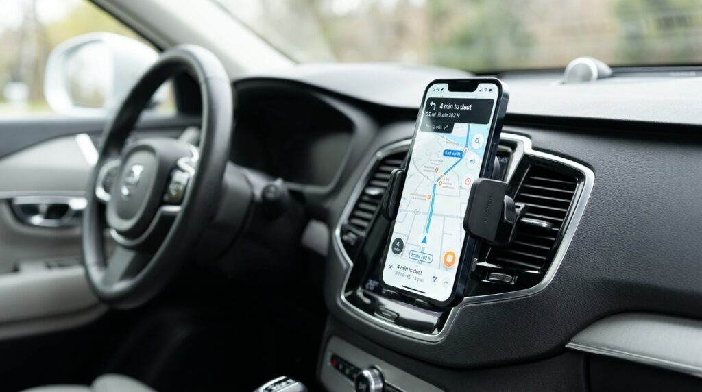 A smartphone displaying a GPS navigation map mounted on a sleek black car phone holder attached to an air vent in a modern car interior.